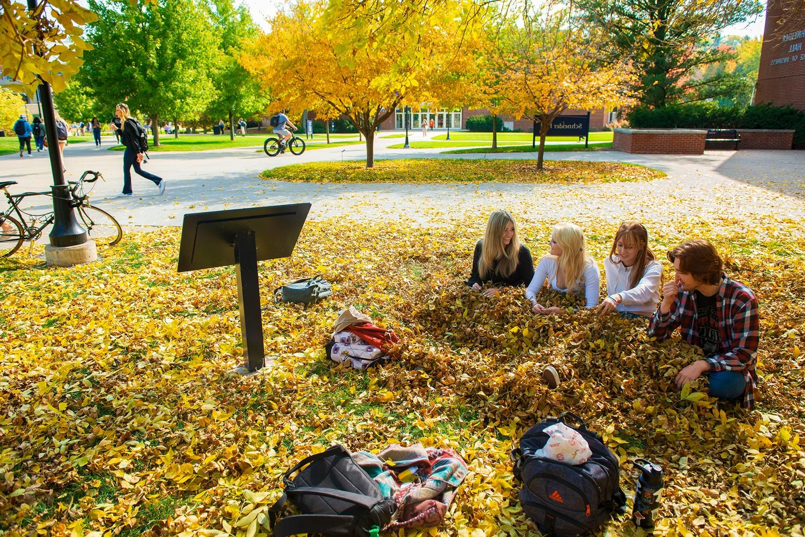 students in a leaf pile outside college of business 